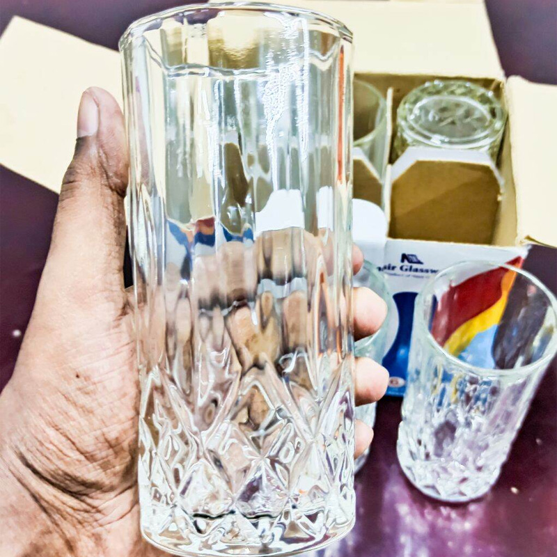 Picture of Everyday Use good quality strong crystal clear unique design Heavy 350 Ml Drinking Water glass set 6 pcs-White