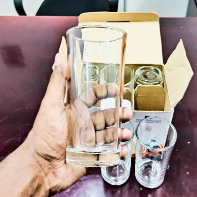 Picture of Everyday Use good quality strong crystal clear unique design Heavy 350 Ml Drinking Water glass set 6 pcs-White
