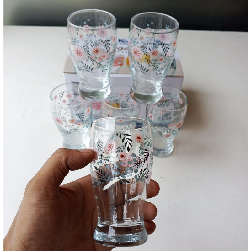 Picture of Everyday Use good quality  Printed Water Drinking Shorbot  Coke Juice, Lassie  Glass Set 6 Piece-White