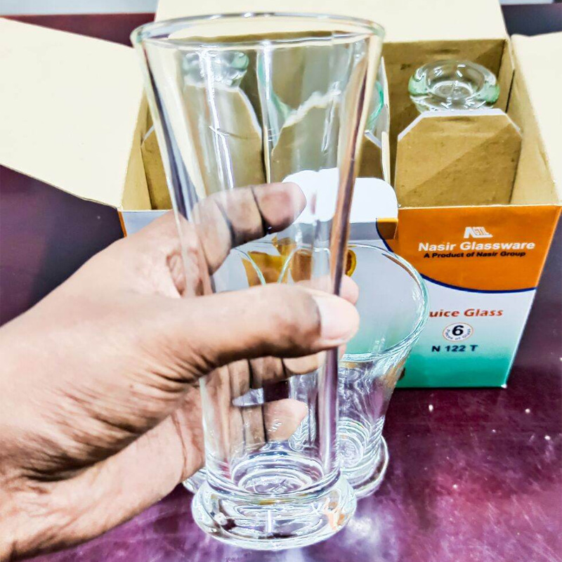 Picture of Everyday Use good quality strong crystal clear unique design Heavy  Long shape curved design clear Glass Set 6 pcs for Enjoy Juice, Lassie & Refreshing Beverages350 Ml 6 Piece-White