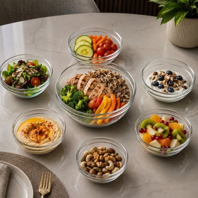 Picture of Ice Cream ,Soup & Firni  family  Glass Bati Set 7 Piece Large bowl-900ml Small bowl-180ml.-White