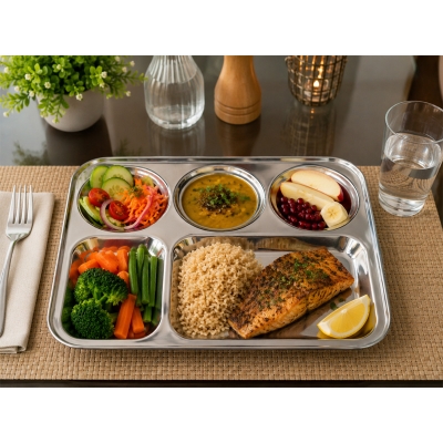 Picture of Stainless Steel unique design  strong Divided Dinner Plate Sets 5 Compartments Plate  1Piece-Silver