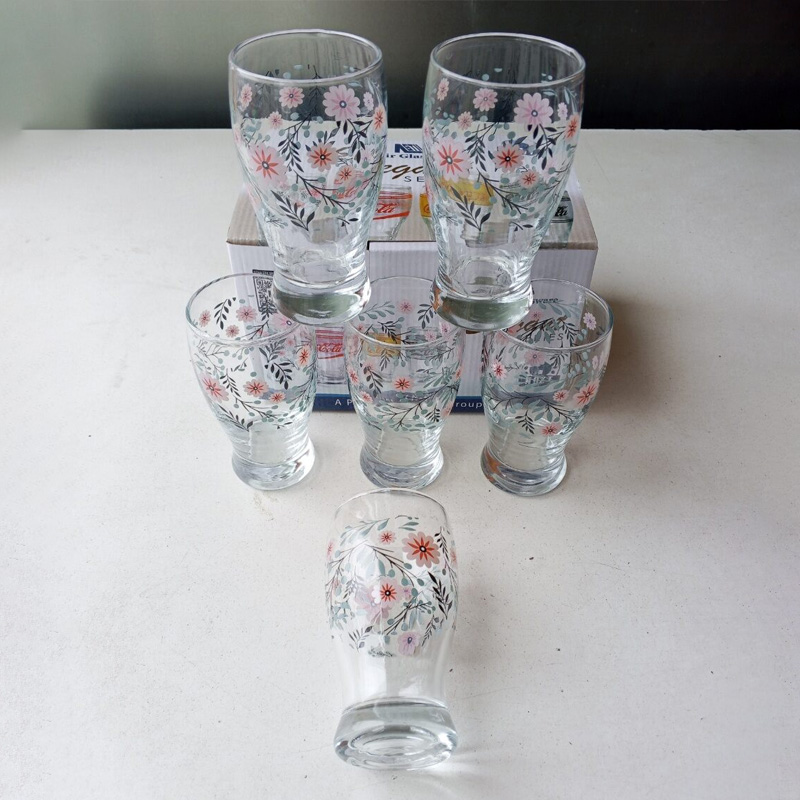Picture of Everyday Use good quality  Printed Water Drinking Shorbot  Coke Juice, Lassie  Glass Set 6 Piece-White