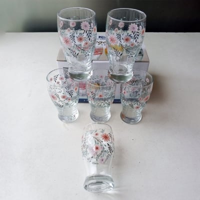 Picture of Everyday Use good quality  Printed Water Drinking Shorbot  Coke Juice, Lassie  Glass Set 6 Piece-White