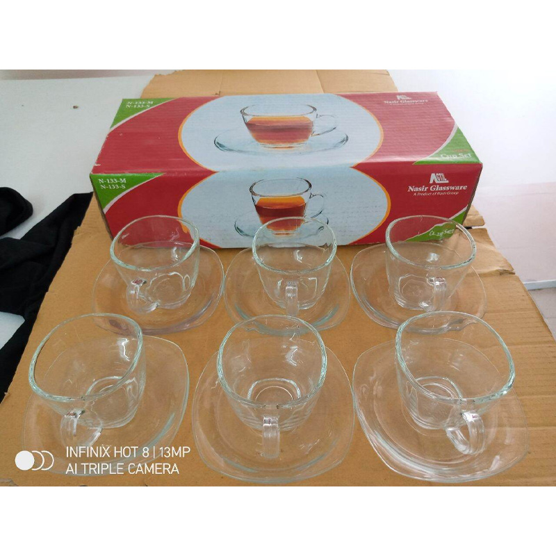 Picture of Everyday Use good quality Strong unique design Heavy Crystal clear 150 Ml Cup Price Set (Saucers 6Piece Cup 6 Pieces) Total 12 pieces-White