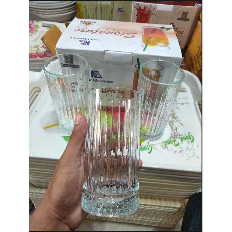 Picture of Everyday Use good quality strong Crystal Clear transparent Beautiful unique design Water /Drinking /Coke / Sorbat/Milk/ Lassi/ premium glass Set 6 Pieces Per capacity 350 Ml-White