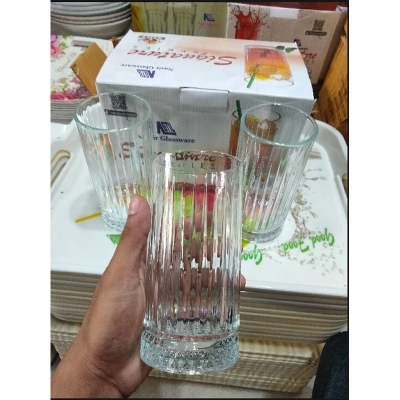 Picture of Everyday Use good quality strong Crystal Clear transparent Beautiful unique design Water /Drinking /Coke / Sorbat/Milk/ Lassi/ premium glass Set 6 Pieces Per capacity 350 Ml-White