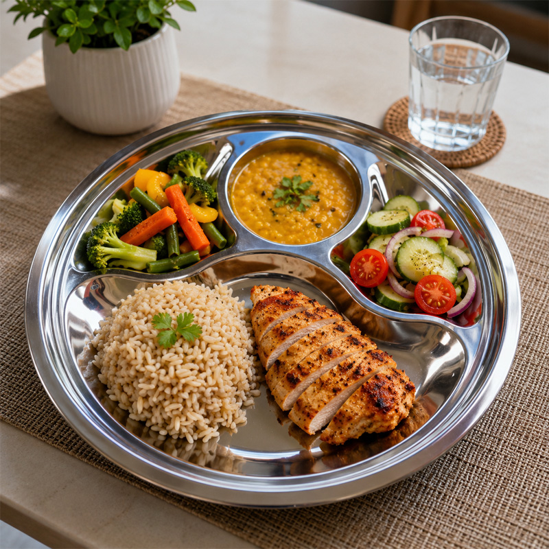 Picture of Stainless Steel unique design  strong Divided Dinner Plate Sets 4 Compartments Plate  1Piece-Silver