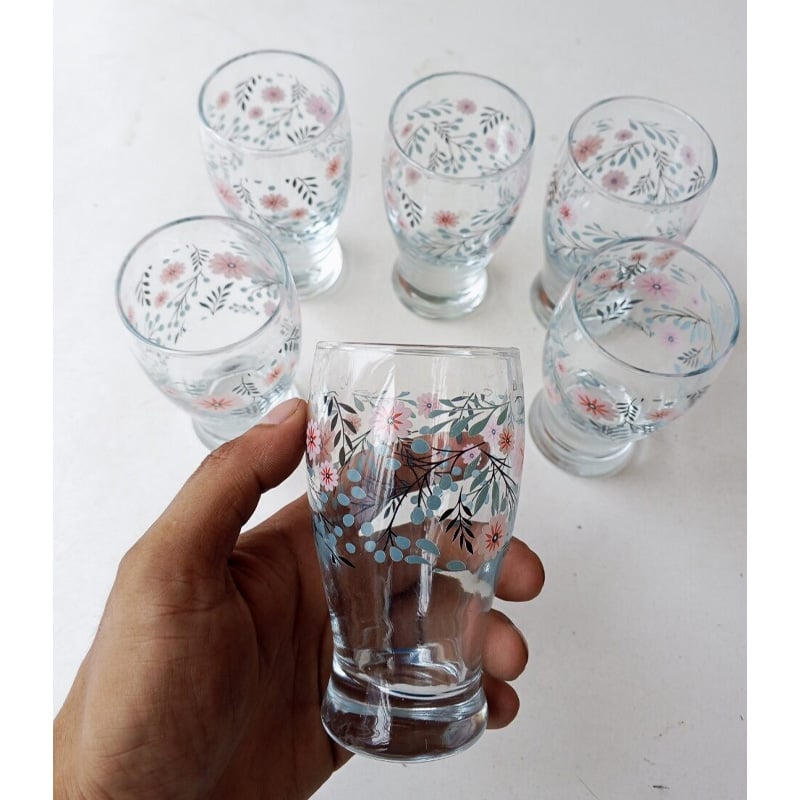 Picture of Everyday Use good quality  Printed Water Drinking Shorbot  Coke Juice, Lassie  Glass Set 6 Piece-White