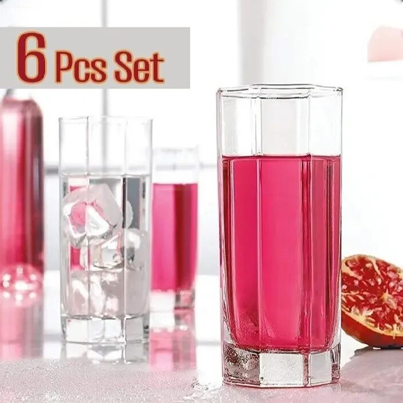 Picture of Everyday Use good quality strong crystal clear unique design Heavy 350 Ml Drinking Water  8 Angle glass set 6 piece-White