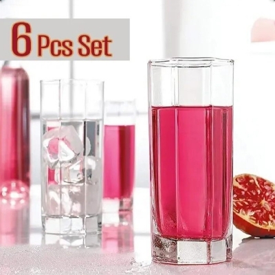 Picture of Everyday Use good quality strong crystal clear unique design Heavy 350 Ml Drinking Water  8 Angle glass set 6 piece-White