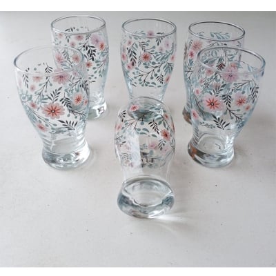 Picture of Everyday Use good quality  Printed Water Drinking Shorbot  Coke Juice, Lassie  Glass Set 6 Piece-White