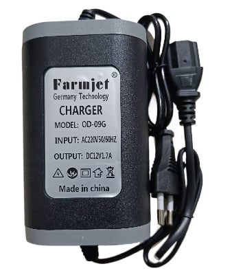 Picture of 12V 1.7A Framjet Germany Technology Auto Cut Battery Charger with Connector Kit, Socket & Clip + DC Fan Adapter | Smart AC to DC Charger for Sprayer Machine, DC Motor & Mini UPS Portable 12V Charger BD Black