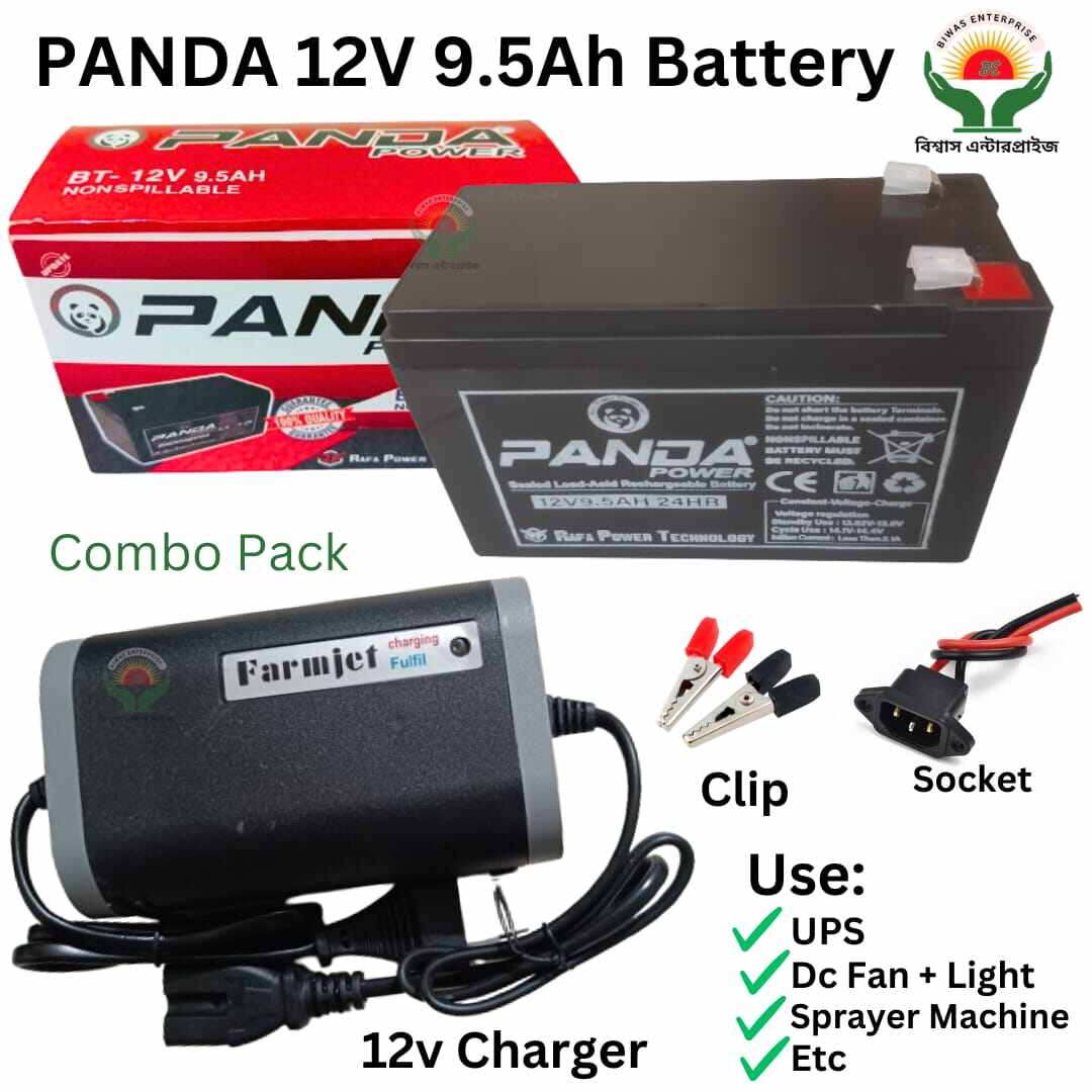 Picture of 12V DC Full Combo Set | 9.5Ah PANDA Battery + 8" Lava/DC Stand Fan + Battery Charger + Clips & Connector | Solar/Emergency Ready Multicolor