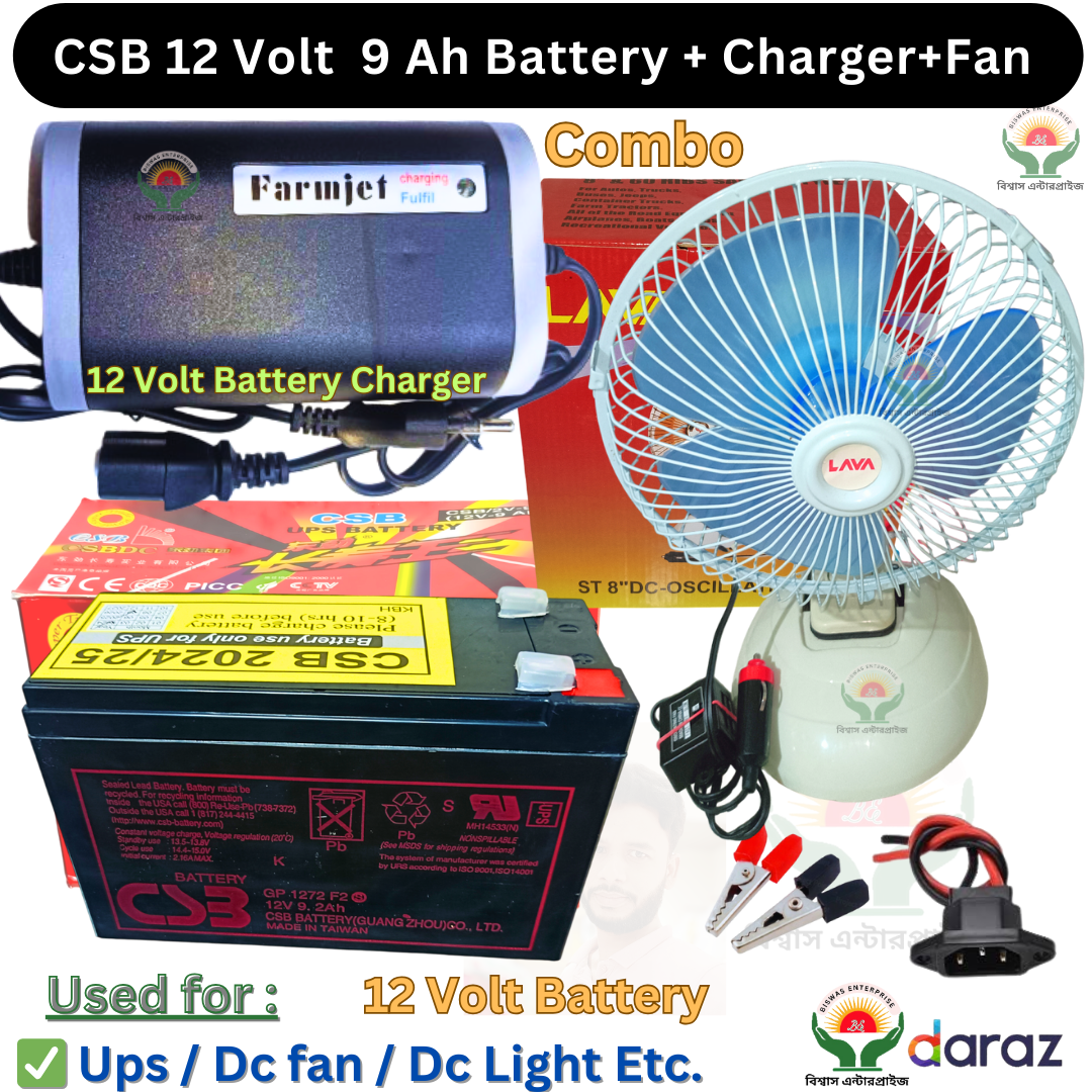 Picture of CSB 12V 9Ah Battery Combo Package | 8" LAVA DC Car Clip Fan + 12V Battery Charger + Connector | Emergency & Solar Ready