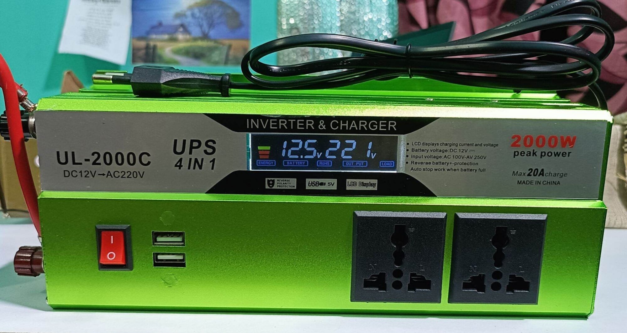 Picture of JONGFA 2000W Smart UPS Inverter – 12V to 220V Multi-function with 20A Battery Charger. Automatic backup and battery charging and Modified Sine Wave output for all electrical devices including computers, lights, fans Multicolor