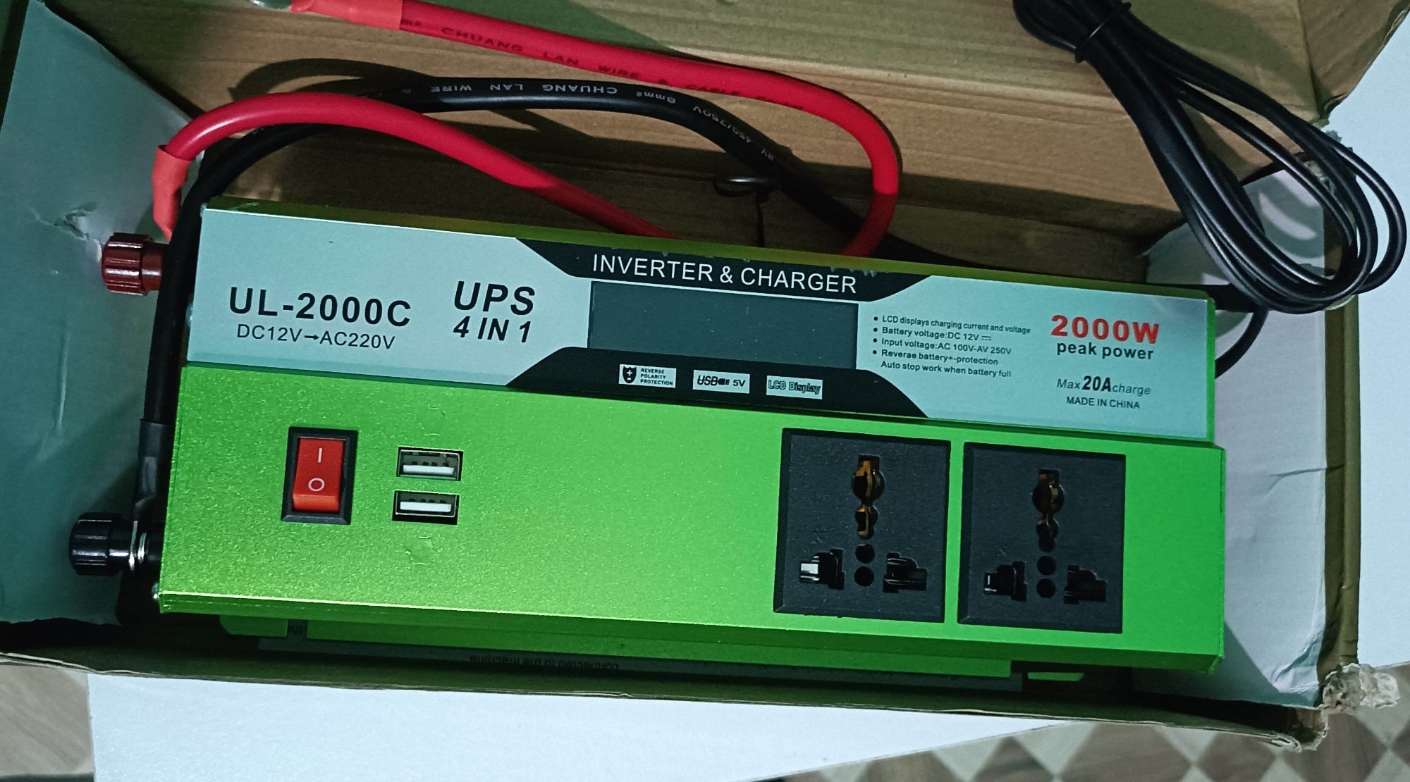 Picture of JONGFA 2000W Smart UPS Inverter – 12V to 220V Multi-function with 20A Battery Charger. Automatic backup and battery charging and Modified Sine Wave output for all electrical devices including computers, lights, fans Multicolor
