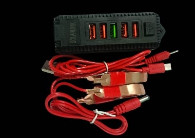 Picture of 12V Solar/DC Mobile Phone Charger 6.4A | Dual Type-B + Type-C USB + PD Port | Heavy Duty Clip Mobile Charger for 12V Battery Black