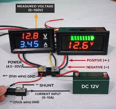 Picture of Mini LED Digital Voltmeter Ammeter & Battery Capacity Indicator | DC 4V–100V Voltage Meter, 0–10A Current Meter | Dual Display LED Module Blue & Red