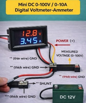 Picture of Mini LED Digital Voltmeter Ammeter & Battery Capacity Indicator | DC 4V–100V Voltage Meter, 0–10A Current Meter | Dual Display LED Module Blue & Red