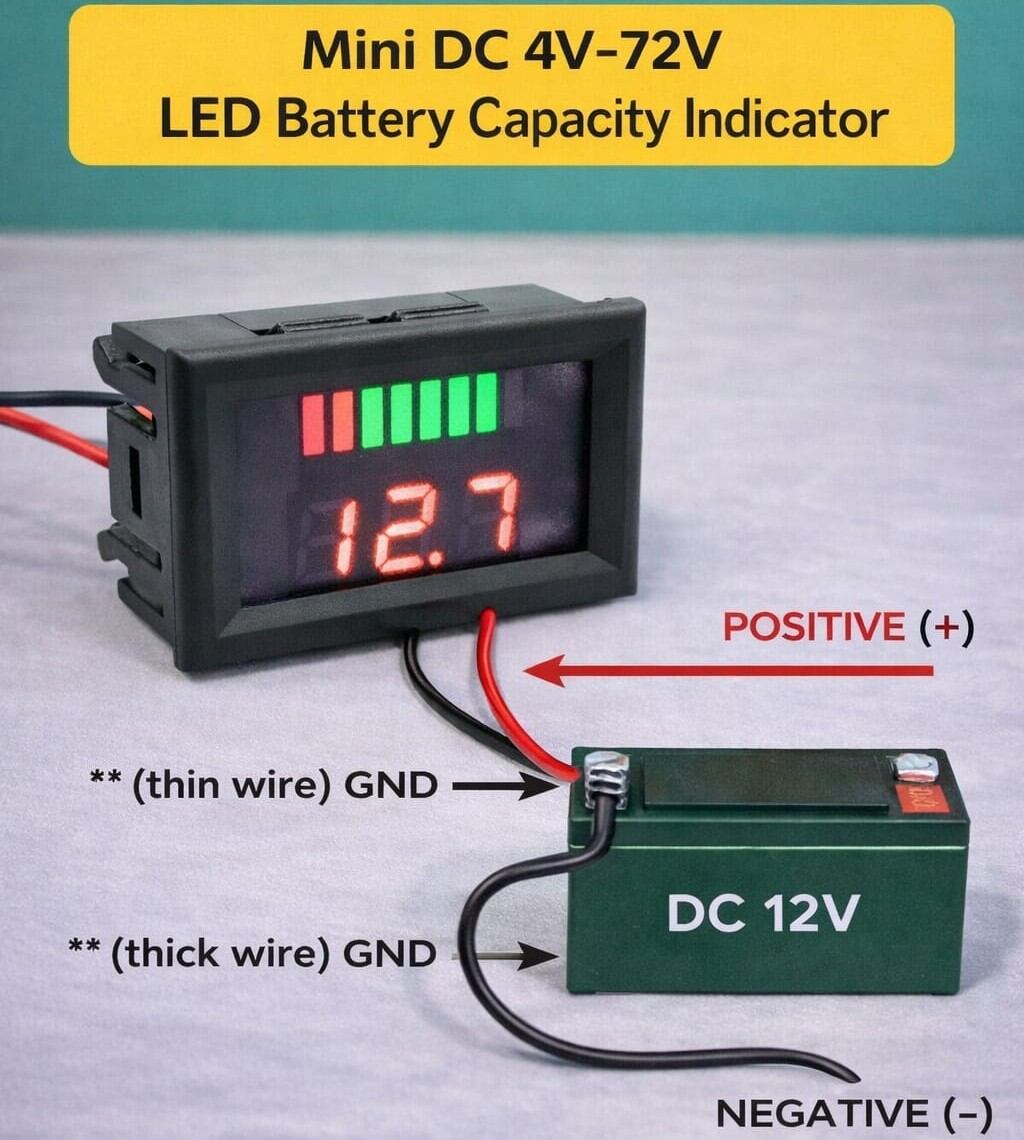 Picture of Mini LED Digital Voltmeter Ammeter & Battery Capacity Indicator | DC 4V–100V Voltage Meter, 0–10A Current Meter | Dual Display LED Module Blue & Red