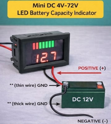 Picture of Mini LED Digital Voltmeter Ammeter & Battery Capacity Indicator | DC 4V–100V Voltage Meter, 0–10A Current Meter | Dual Display LED Module Blue & Red