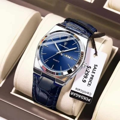 Picture of POEDAGAR 930 Business  Stainless Steel Leather belt  Quartz Men’s Watch- Silver
