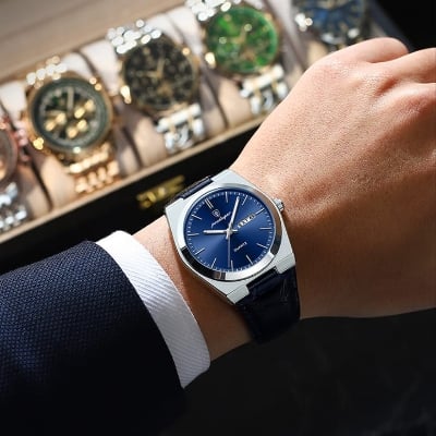 Picture of POEDAGAR 930 Business  Stainless Steel Leather belt  Quartz Men’s Watch- Silver