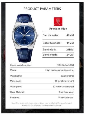 Picture of POEDAGAR 930 Business  Stainless Steel Leather belt  Quartz Men’s Watch- Silver