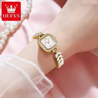 Picture of OLEVS 9987 Original Quartz Watch for Women Diamond Mermaid Stainless steel Wristwatch Luxury Square Diamond Dial Ladies' Watches