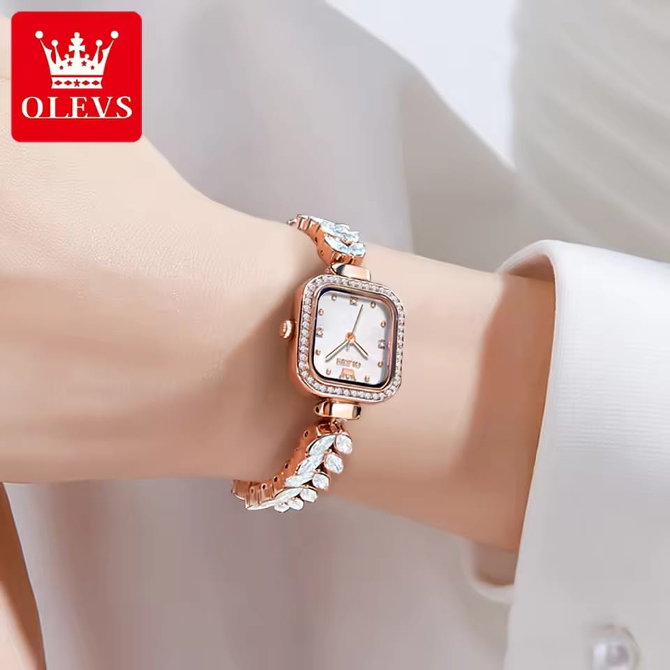 Picture of OLEVS 9987 Original Quartz Watch for Women Diamond Mermaid Stainless steel Wristwatch Luxury Square Diamond Dial Ladies' Watches