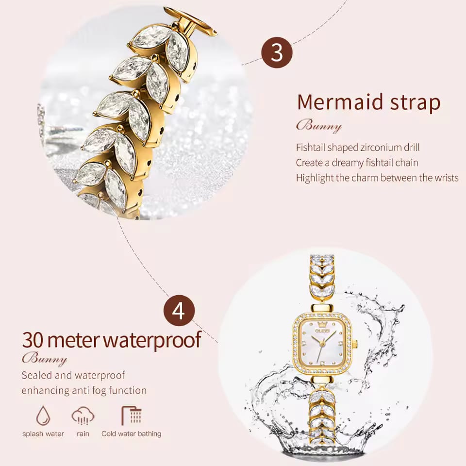 Picture of OLEVS 9987 Original Quartz Watch for Women Diamond Mermaid Stainless steel Wristwatch Luxury Square Diamond Dial Ladies' Watches