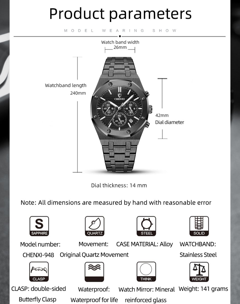 Picture of Chenxi 948 Luxury Business CHENXI Man Watch High Quality Chronograph Moon Phase Quartz Watches Original Waterproof Clock Male