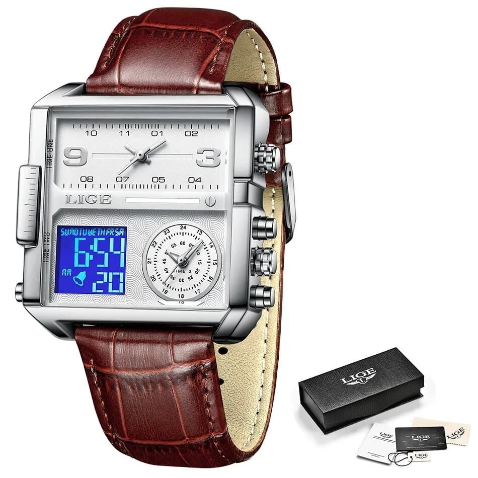 Picture of LIGE 8925C Double Quartz Movement Square Wrist Watches for men with brand box-Brown