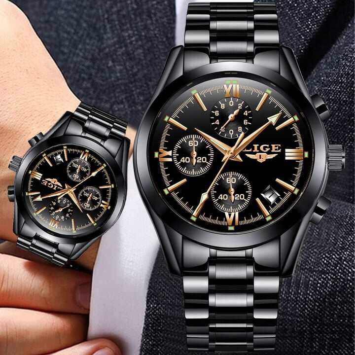 Picture of Splendid Versatile -LIGE LG9839 Luxury Men's Black Chronograph active waterproof stainless steel watch for mens- Avant-garde-Black