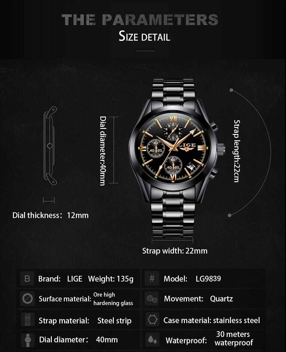 Picture of Splendid Versatile -LIGE LG9839 Luxury Men's Black Chronograph active waterproof stainless steel watch for mens- Avant-garde-Black