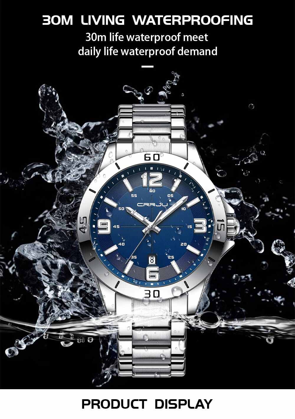 Picture of CRRJU 5003  Mens Watches Top Brand Luxury numbers silver blue Watch Men Waterproof Male black / silver blue  Watches Stainless Relogio Masculino-Silver