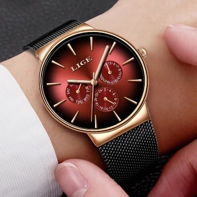 Picture of LIGE 9936 New Fashion Mens Watches Top Brand Luxury Quartz Watch Men Mesh Steel Waterproof Ultra-thin Wristwatch For Men Sport Clock-Red
