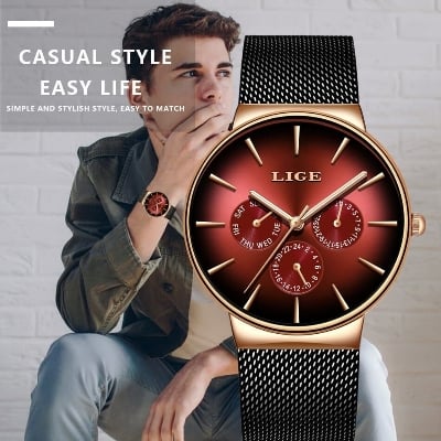 Picture of LIGE 9936 New Fashion Mens Watches Top Brand Luxury Quartz Watch Men Mesh Steel Waterproof Ultra-thin Wristwatch For Men Sport Clock-Red