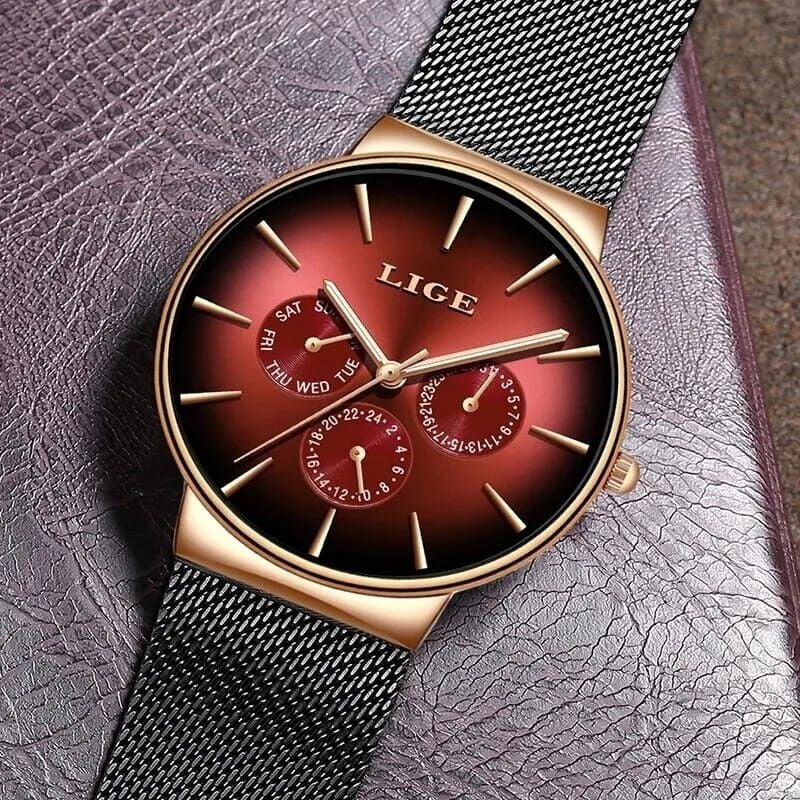 Picture of LIGE 9936 New Fashion Mens Watches Top Brand Luxury Quartz Watch Men Mesh Steel Waterproof Ultra-thin Wristwatch For Men Sport Clock-Red