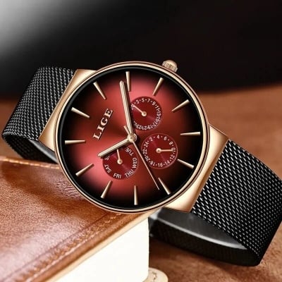 Picture of LIGE 9936 New Fashion Mens Watches Top Brand Luxury Quartz Watch Men Mesh Steel Waterproof Ultra-thin Wristwatch For Men Sport Clock-Red