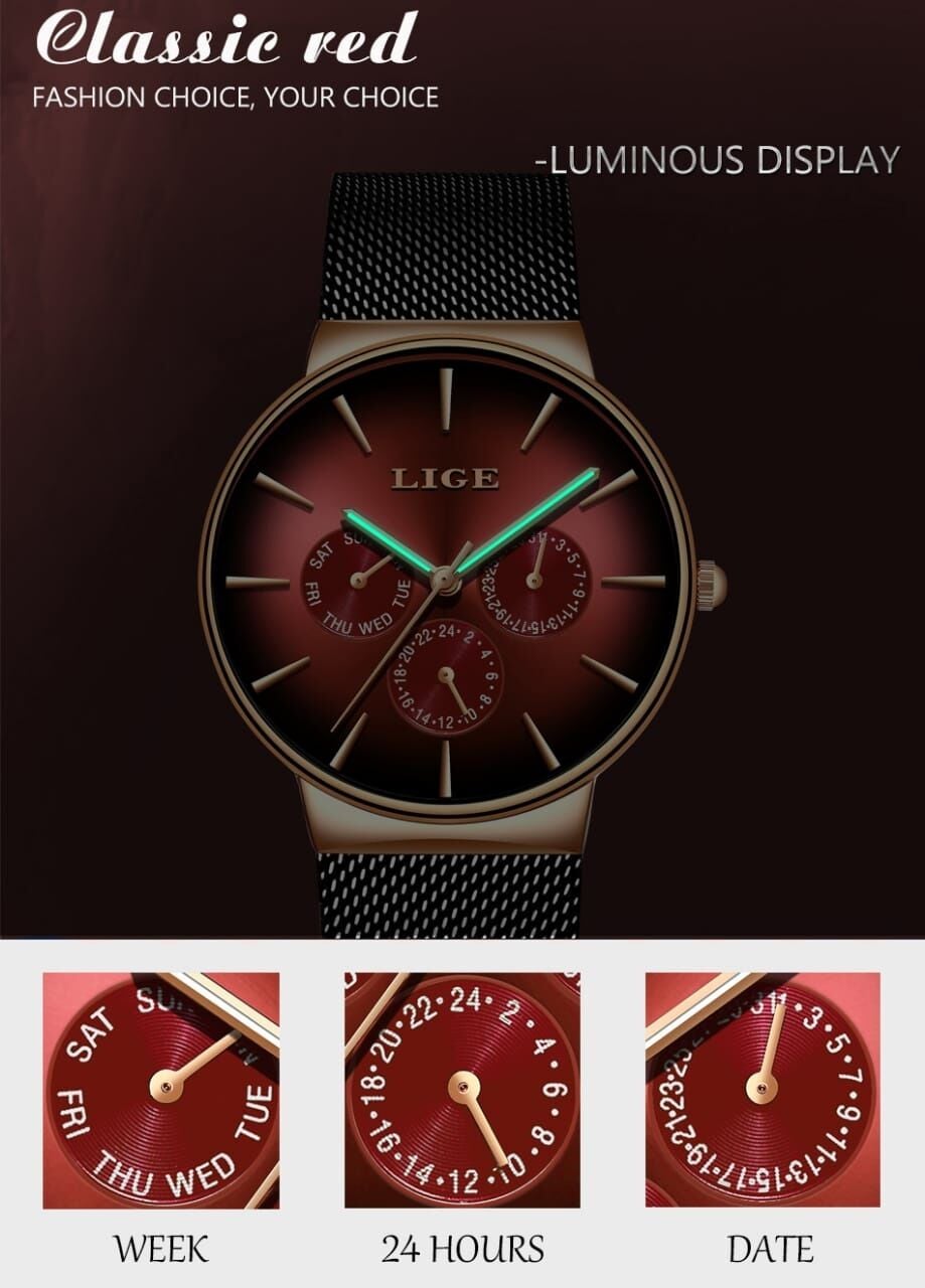 Picture of LIGE 9936 New Fashion Mens Watches Top Brand Luxury Quartz Watch Men Mesh Steel Waterproof Ultra-thin Wristwatch For Men Sport Clock-Red