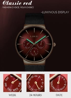 Picture of LIGE 9936 New Fashion Mens Watches Top Brand Luxury Quartz Watch Men Mesh Steel Waterproof Ultra-thin Wristwatch For Men Sport Clock-Red