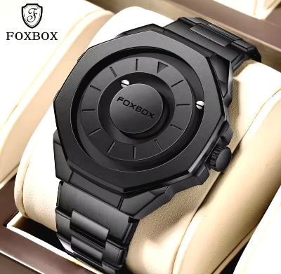 Picture of FOXBOX 2025 FB0075 New Fashion Watches Men Creative Stainless steel Quartz Mens Watch Casual Waterproof Luxury Wristwatch magnetic force,-Black