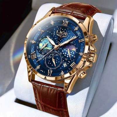Picture of LIGE 89107 Mens Watch Business Male Quartz Wristwatch Leather Waterproof Luminous Date Clock Luxury Casual Watches Men Chronograph-Gold