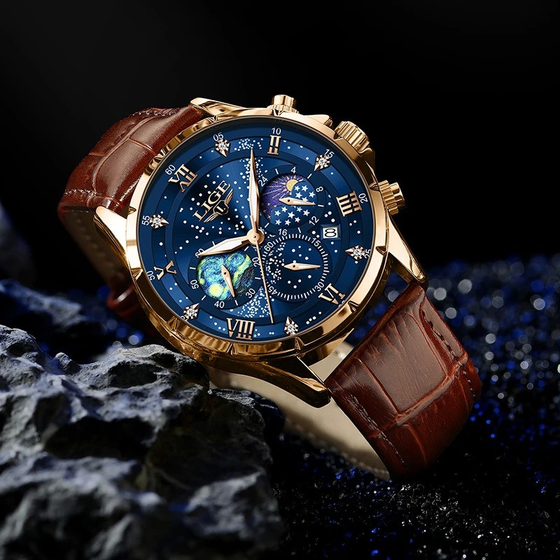 Picture of LIGE 89107 Mens Watch Business Male Quartz Wristwatch Leather Waterproof Luminous Date Clock Luxury Casual Watches Men Chronograph-Gold