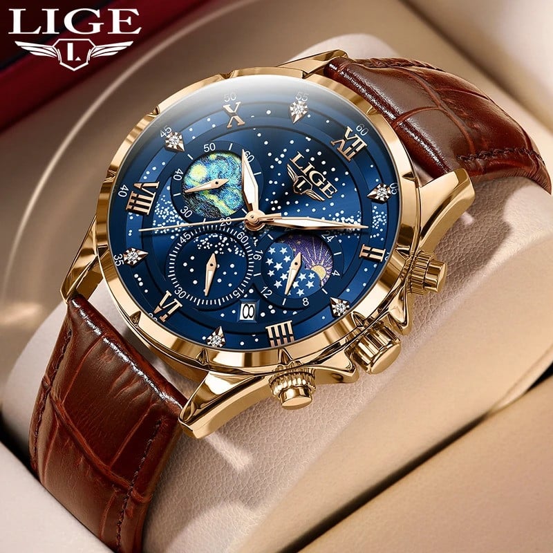 Picture of LIGE 89107 Mens Watch Business Male Quartz Wristwatch Leather Waterproof Luminous Date Clock Luxury Casual Watches Men Chronograph-Gold