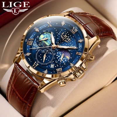 Picture of LIGE 89107 Mens Watch Business Male Quartz Wristwatch Leather Waterproof Luminous Date Clock Luxury Casual Watches Men Chronograph-Gold