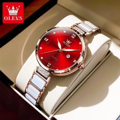 Picture of Olevs 5589 RoseGold Stainless Steel Ceramics Watchstrap Analoge Wrist Watch For Women Red & RoseGold "