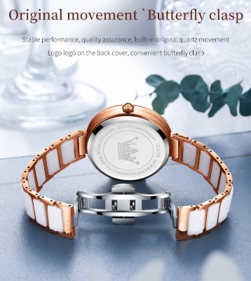 Picture of Olevs 5589 RoseGold Stainless Steel Ceramics Watchstrap Analoge Wrist Watch For Women Red & RoseGold "